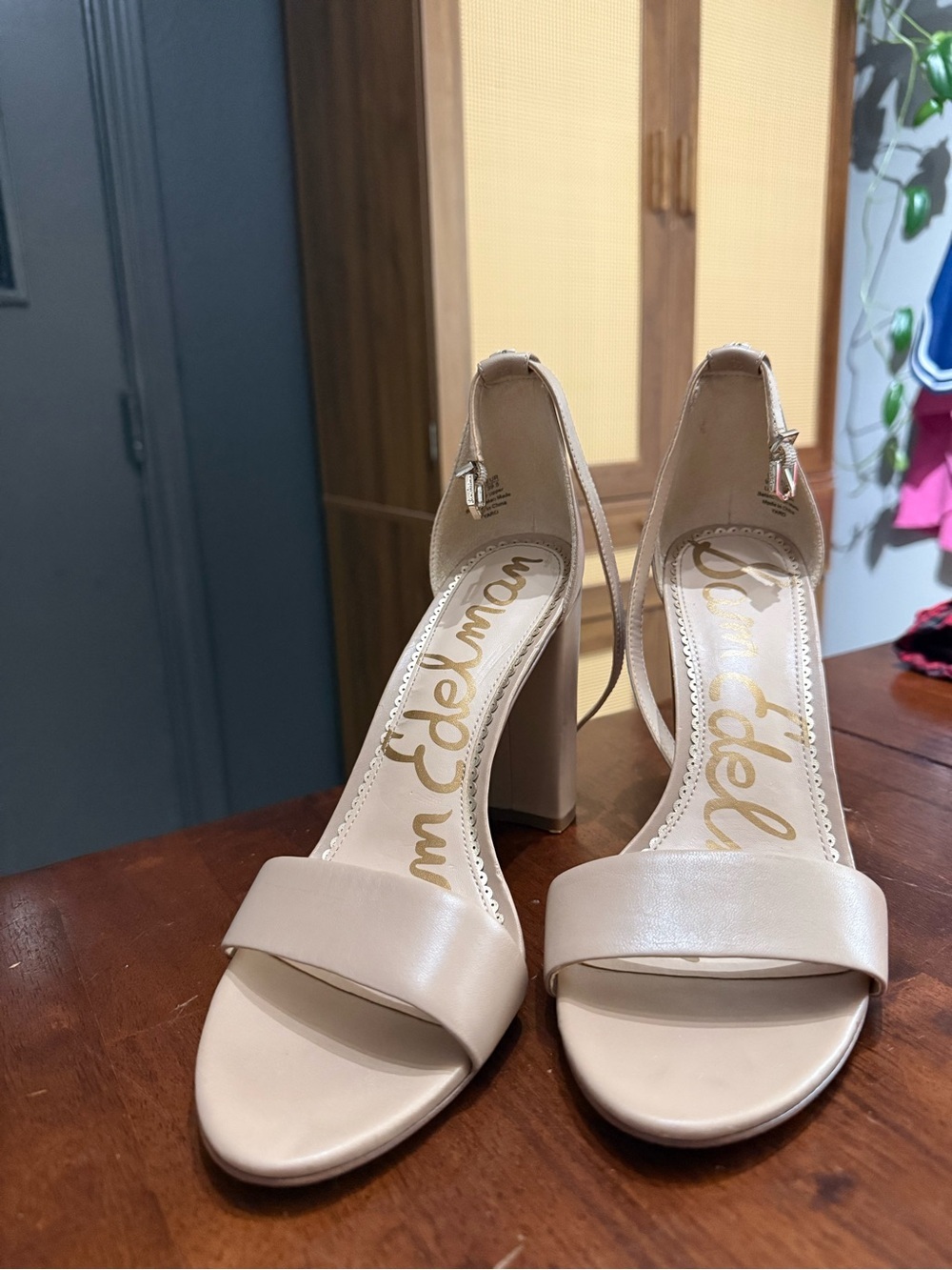 Sam Edelman Beige Open-Toe Block Heel Sandals
